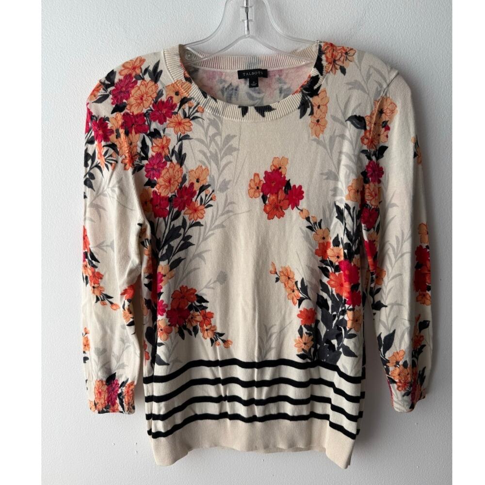 Talbots Floral Striped Sweater Tropical Preppy Vibrant Bold Botanical Resort S